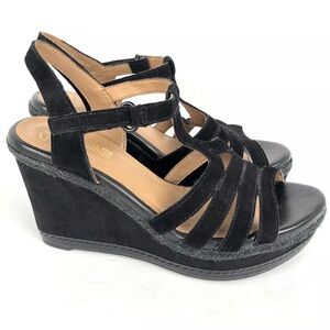 CLARKS Zia Reign Suede Platform Wedge Sandal Black Strappy